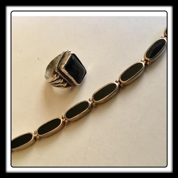 STERLING SILVER 925 INLAY BEAUTIFUL BLACK BRACELET - Picture 2 of 8